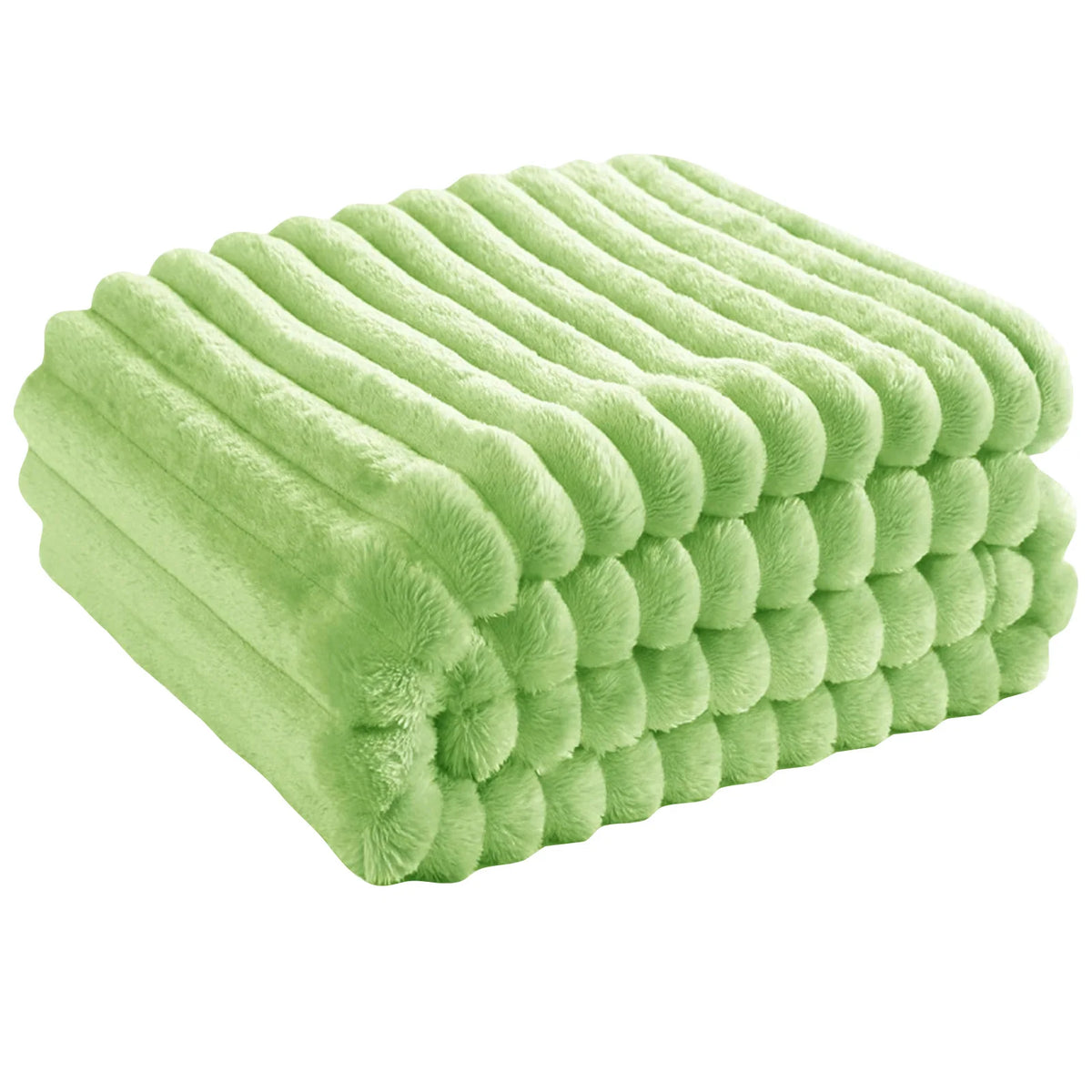 Manta de franela verde claro rectangular con superficie acanalada y texturizada.