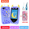 A purple kids smart phone toy with a dual camera and extra case, showing game options and storage details.