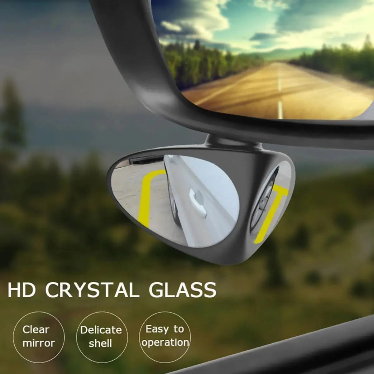 Close-up view of an HD crystal glass blind spot mirror mounted on a car door frame.