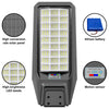 A black solar-powered outdoor security light featuring LED beads, a motion sensor, and a lithium battery.