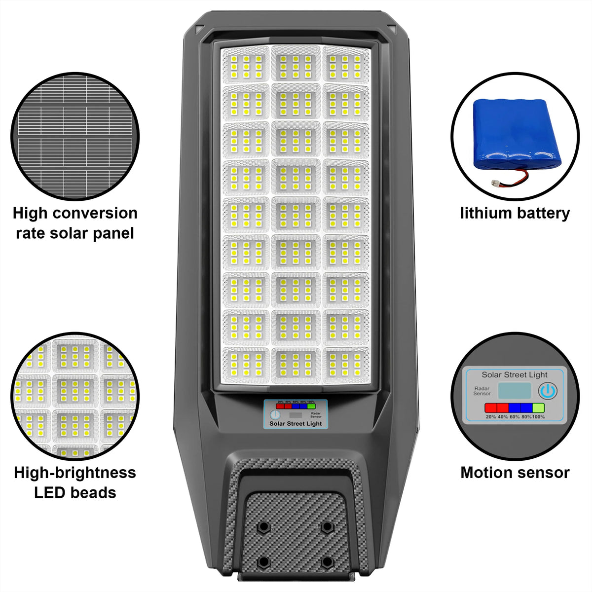 A black solar-powered outdoor security light featuring LED beads, a motion sensor, and a lithium battery.