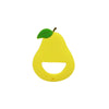 A yellow silicone fruit-shaped baby rattle teether with a green leaf on top.