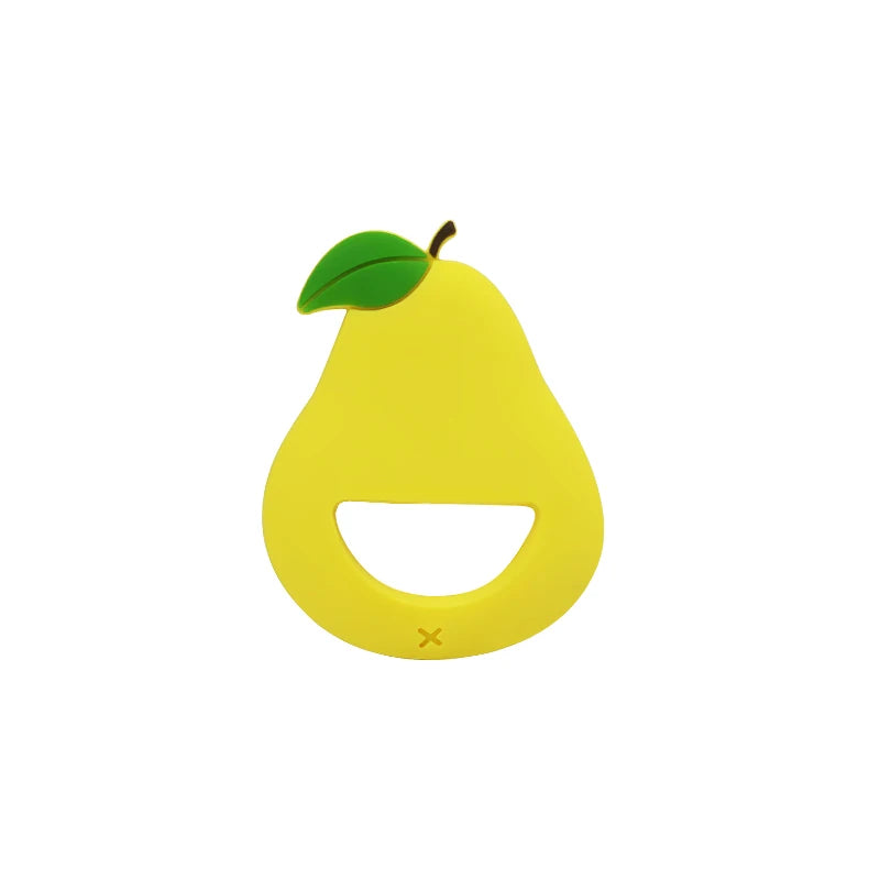 A yellow silicone fruit-shaped baby rattle teether with a green leaf on top.