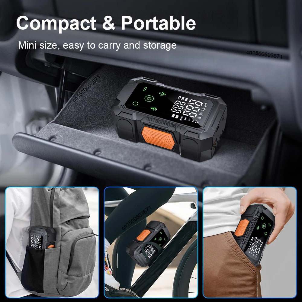 A portable cordless tire inflator with a digital display and LED light is shown in various contexts.