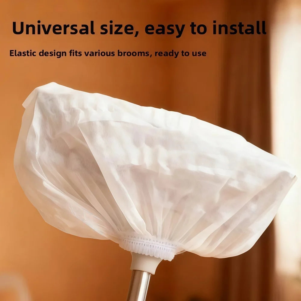 A white disposable broom cover is shown, designed to fit various brooms.