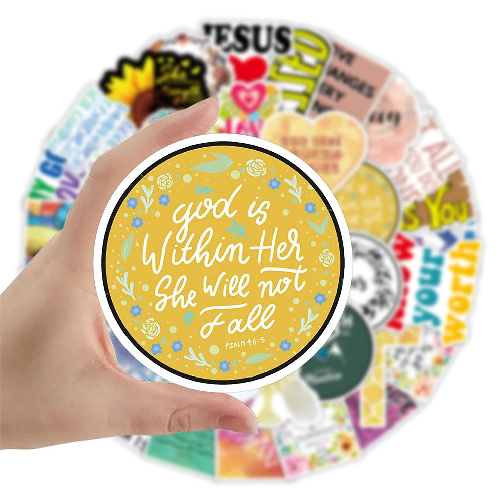 A hand holds up an inspirational Bible verse sticker pack featuring various Christian decals and colorful designs.
