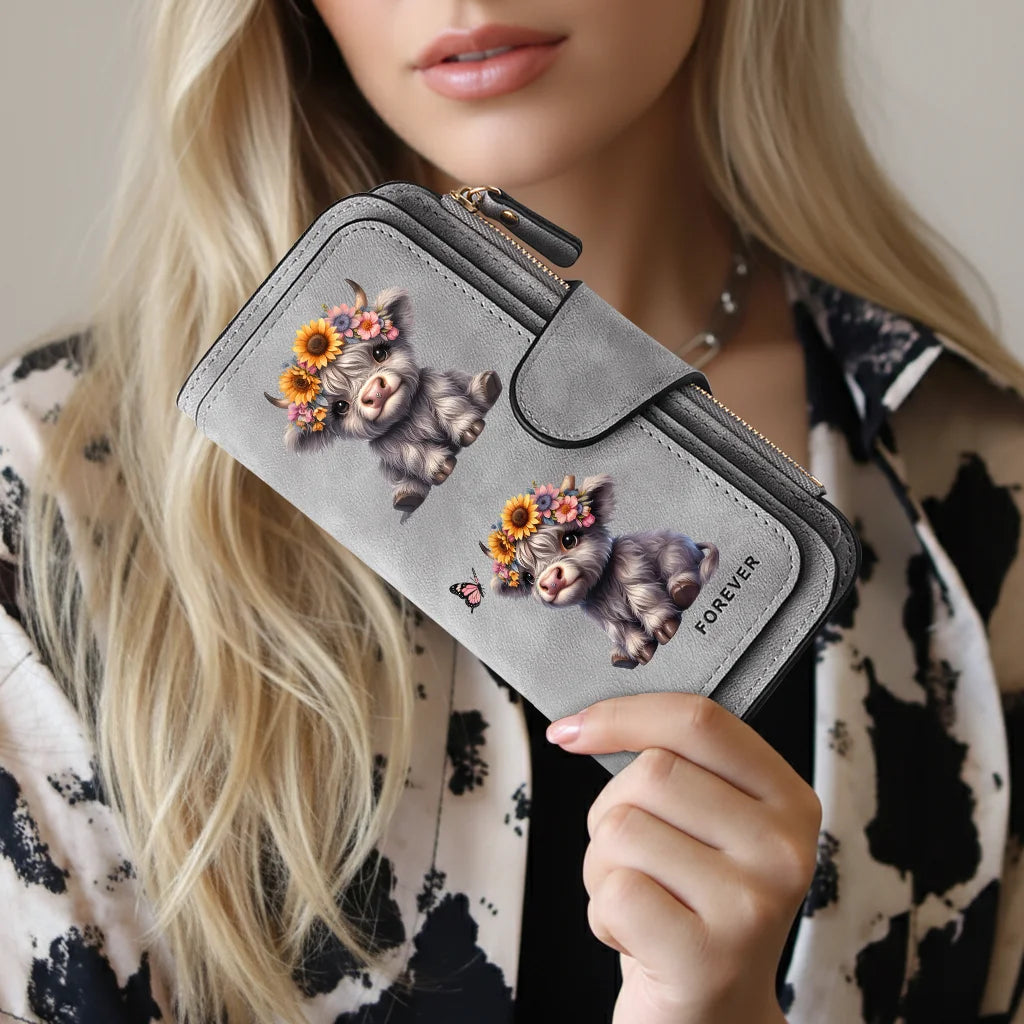 Highland Cow Print Zip-Around Wallet with Card Holder