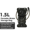 A black portable water storage bag with a large-caliber filling port and a hose, designed for multi-backpack compatibility.