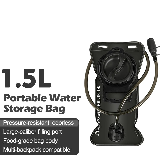 A black portable water storage bag with a large-caliber filling port and a hose, designed for multi-backpack compatibility.