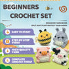 A beginner crochet set featuring various tools and yarn for making cute animal amigurumi projects.