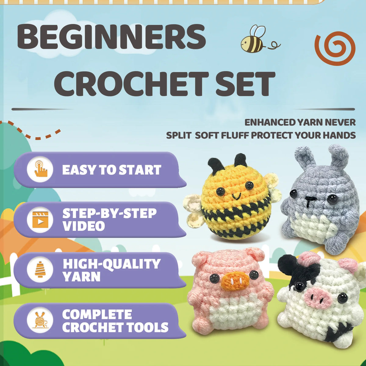 A beginner crochet set featuring various tools and yarn for making cute animal amigurumi projects.