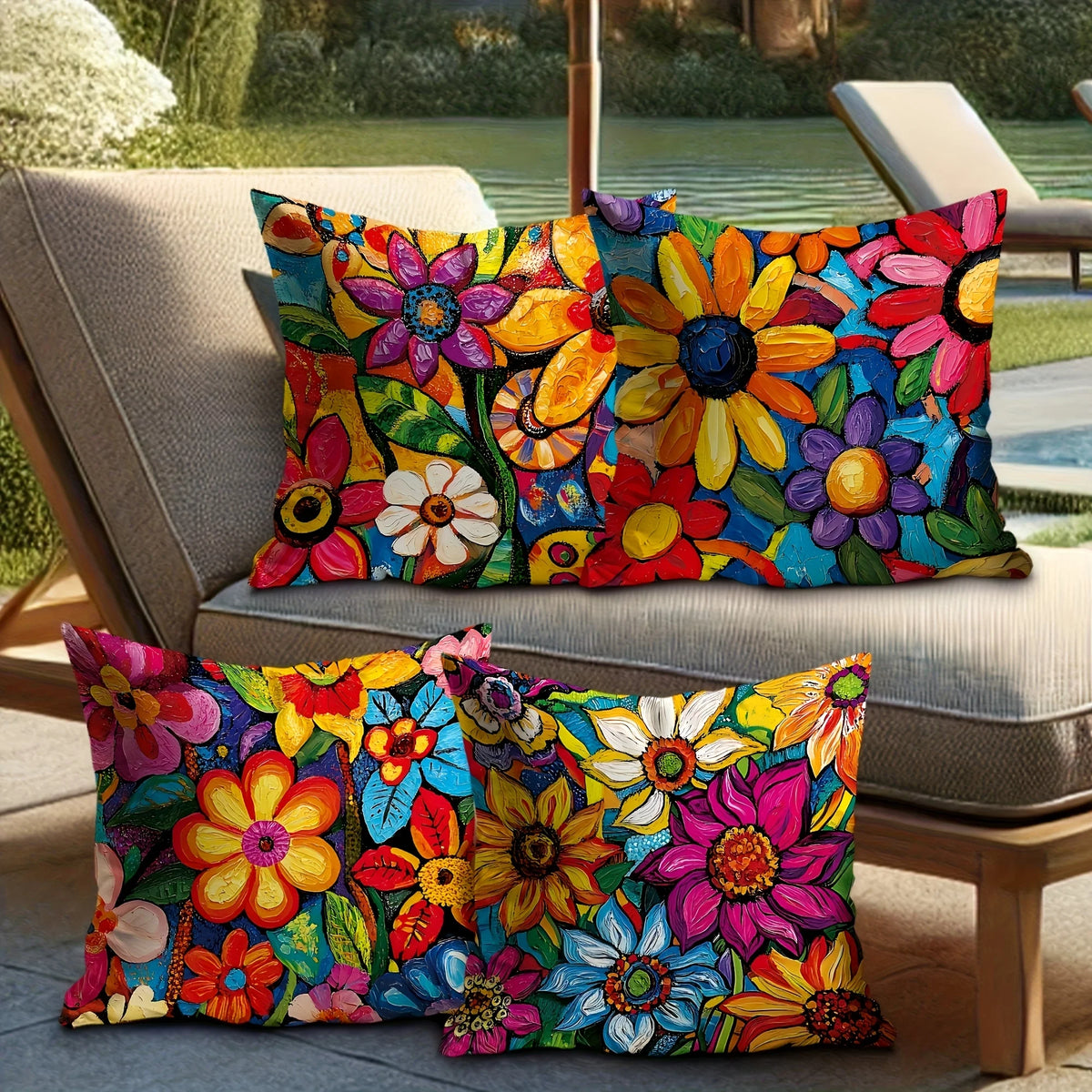 A set of colorful floral print decorative pillows resting on a light-colored outdoor sofa.