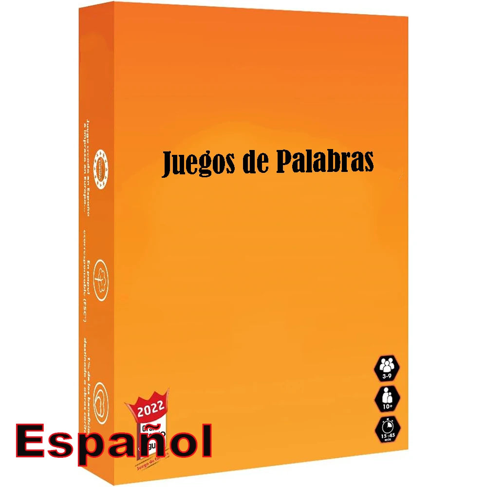 Orange box for the Juegos de Palabras card game in Spanish edition