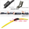 A yellow rubber wiper blade with a three-layer construction shown for installation.