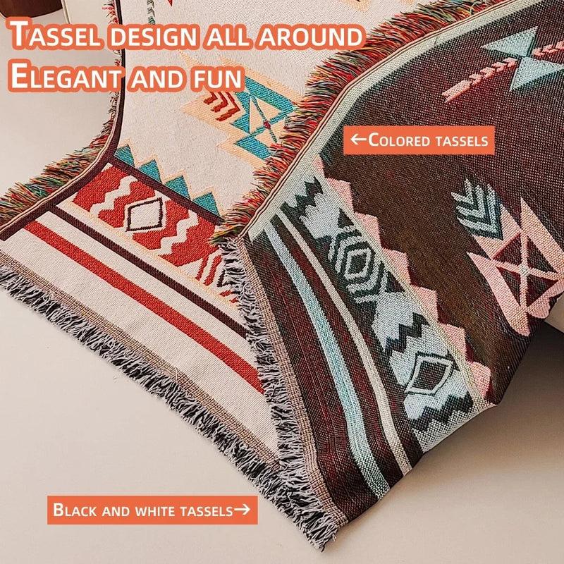 Oversized Aztec Boho Throw Blanket with Fringe