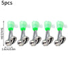 Five silver clip-on fishing rod bite alarm bells with green plastic indicators