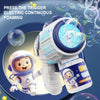 A white astronaut toy is shown next to a white electric continuous foaming product with a bubble dispenser.