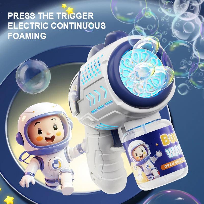 A white astronaut toy is shown next to a white electric continuous foaming product with a bubble dispenser.