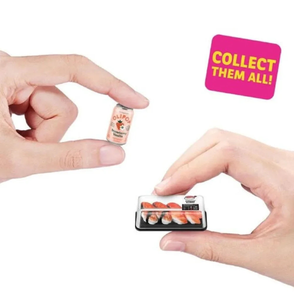 A hand holds a small, colorful miniature food surprise blind box for collectors next to a pink sign that says Collect them al