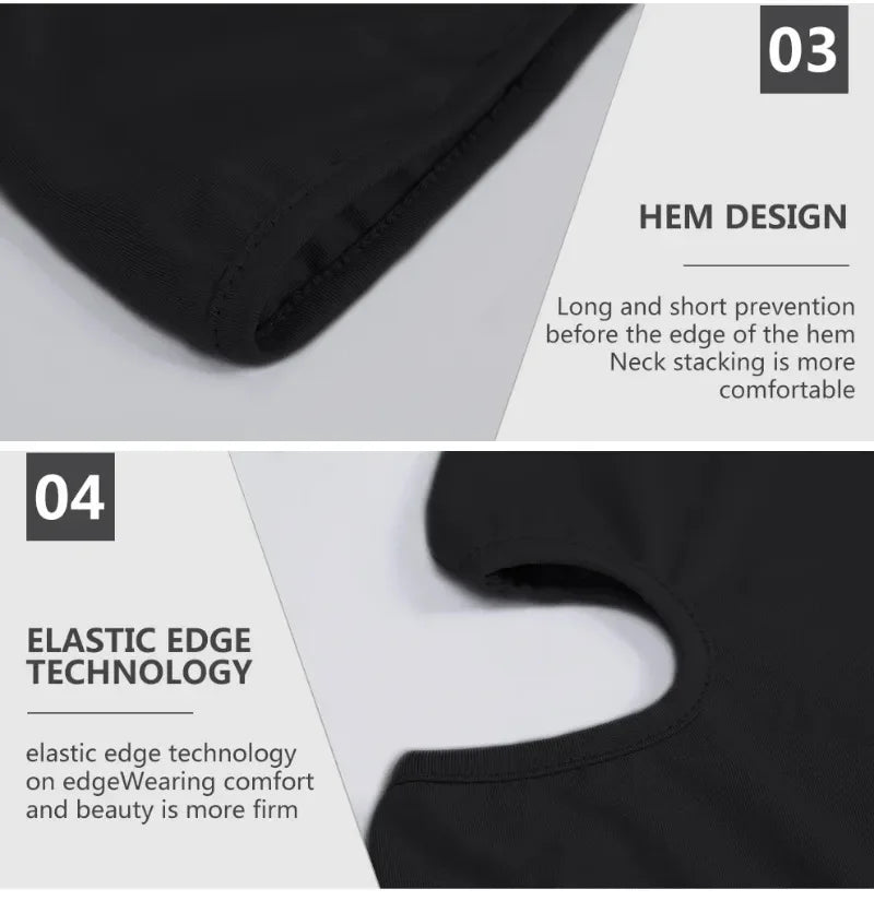 Diagrams showing hem design and elastic edge technology features of a black balaclava.