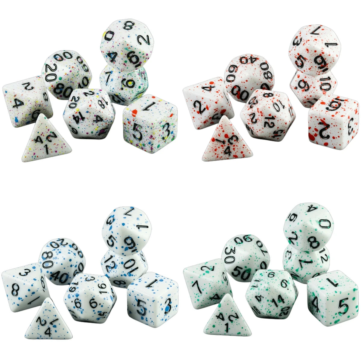 A set of seven polyhedral dice used for tabletop role-playing games