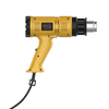 A yellow hot air gun with a black handle and hose is shown against a black background.