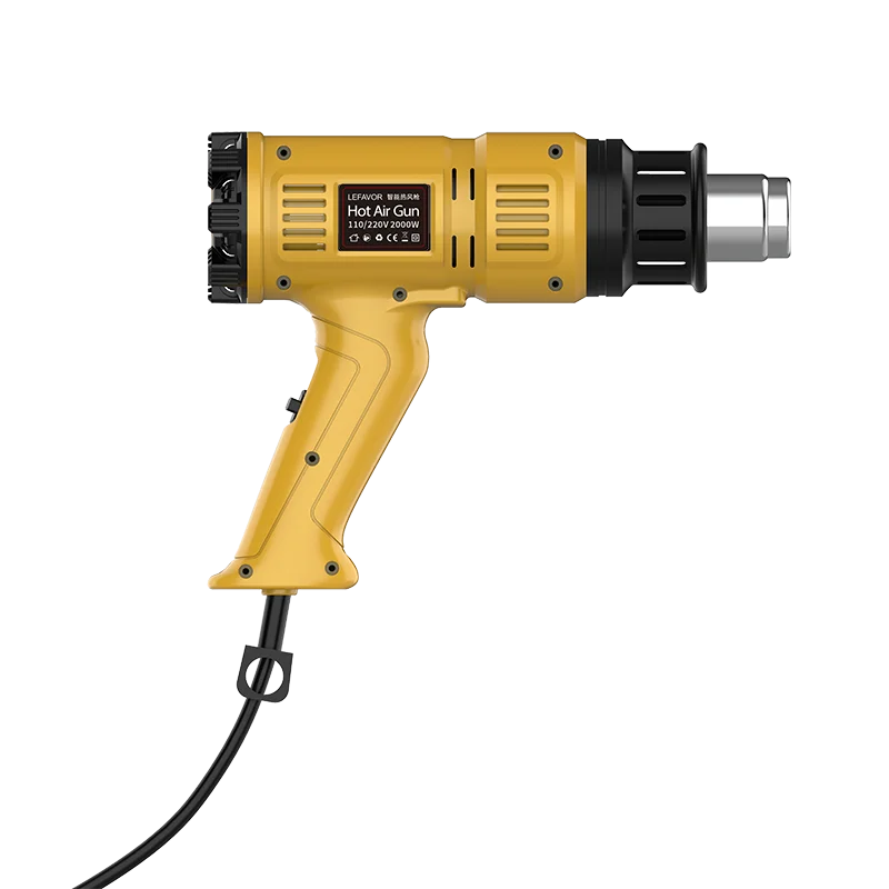 A yellow hot air gun with a black handle and hose is shown against a black background.