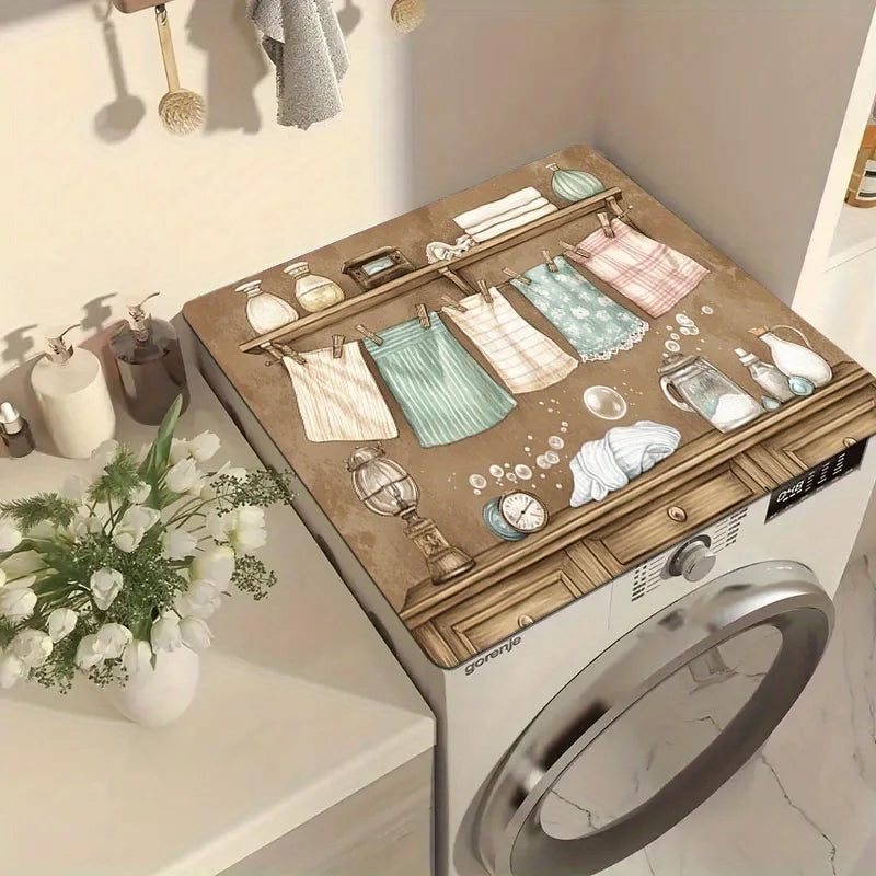 A retro laundry room washer and dryer top cover with wooden accents and non-slip protection.
