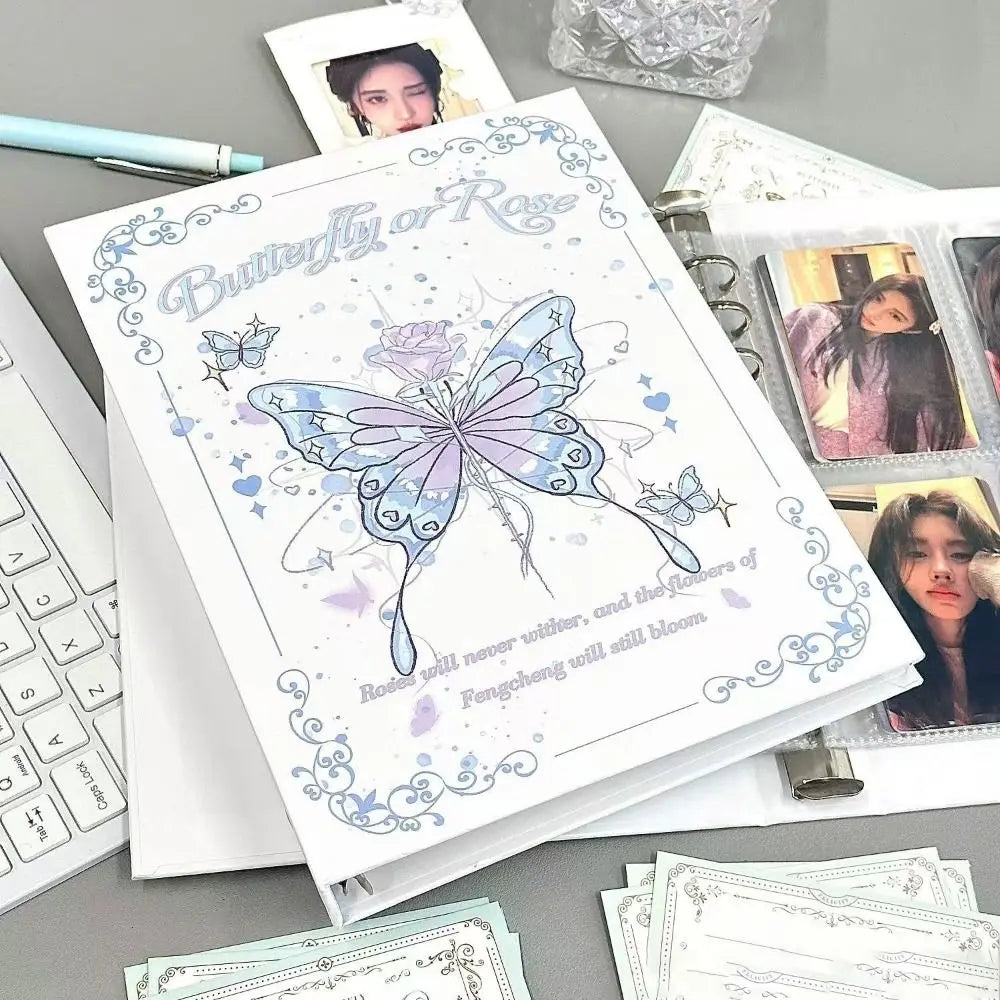 A white A5 loose-leaf photo album featuring a butterfly design and text on the cover