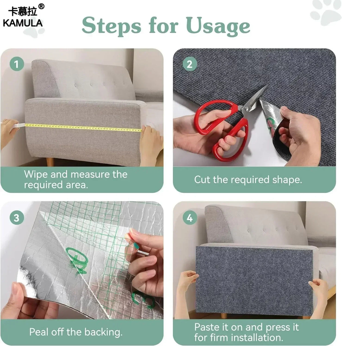 Instructions showing how to use the Kamula self-adhesive cat scratching mat protector for furniture.