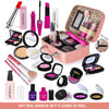 A collection of kids pretend makeup products including lipsticks, eyeshadows, and brushes displayed in a pink carrying case.