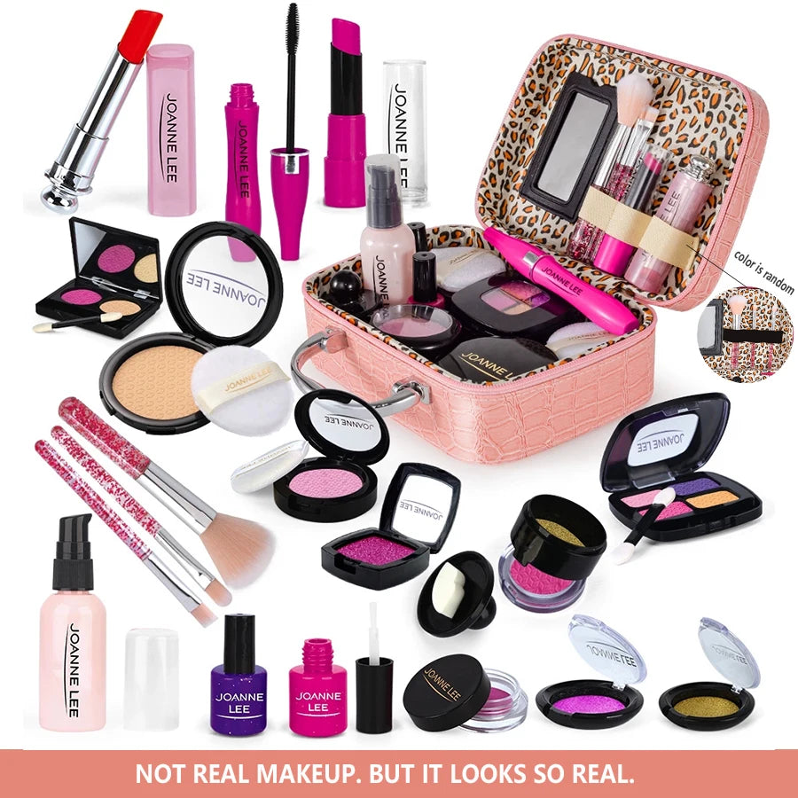 A collection of kids pretend makeup products including lipsticks, eyeshadows, and brushes displayed in a pink carrying case.