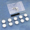A silver instant no-sew snap button kit is displayed on a translucent bag with several buttons.