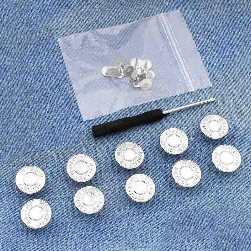 A silver instant no-sew snap button kit is displayed on a translucent bag with several buttons.