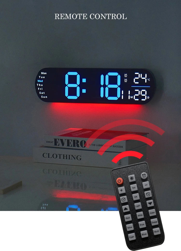 A digital wall clock display showing 8:18 and 24 degrees, next to a remote control.