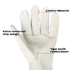 White leather work gloves featuring tiger mouth reinforcement and stitch-reinforced strip design