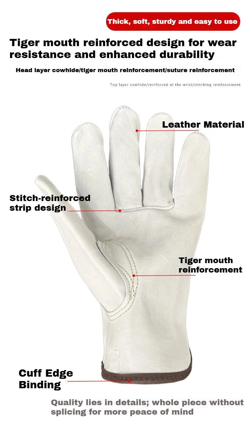 White leather work gloves featuring tiger mouth reinforcement and stitch-reinforced strip design