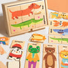 A wooden alphabet puzzle featuring various animals like a dog, crocodile, and tiger, designed for early learning.