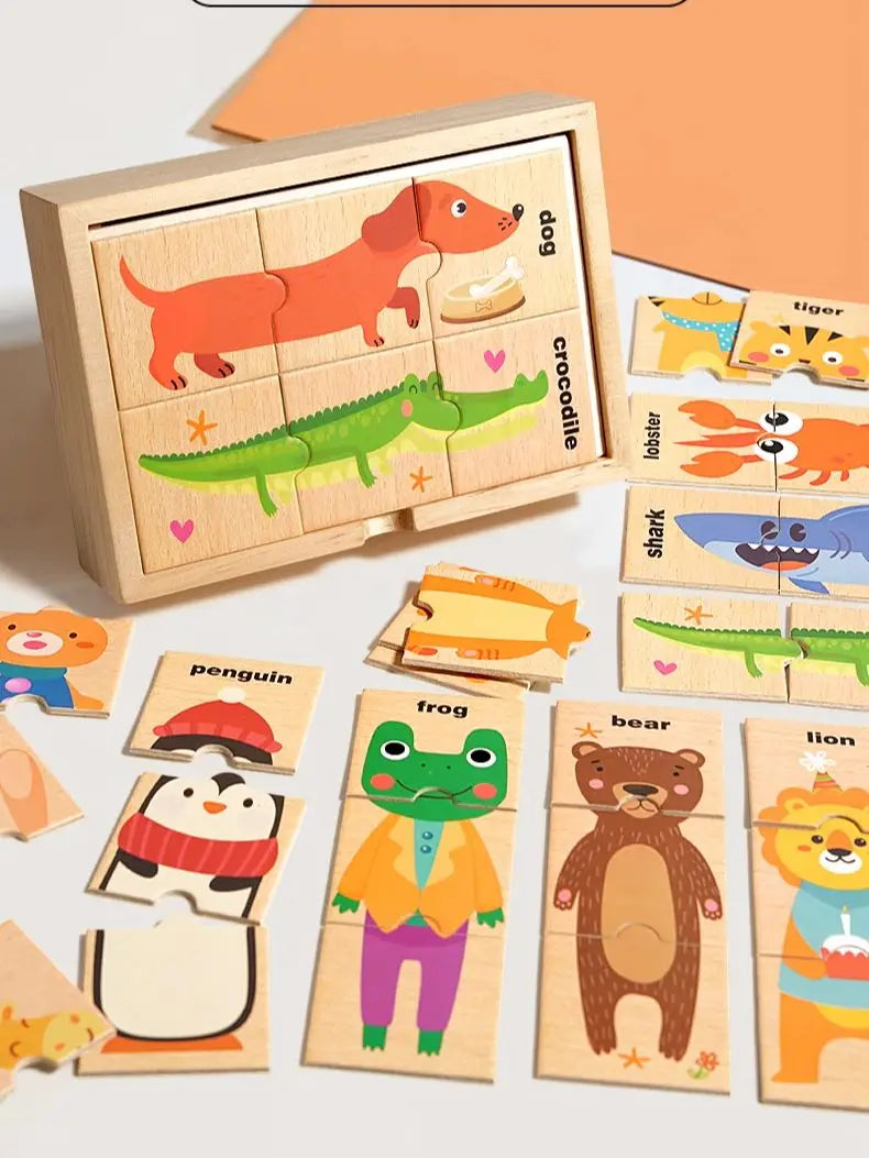 A wooden alphabet puzzle featuring various animals like a dog, crocodile, and tiger, designed for early learning.