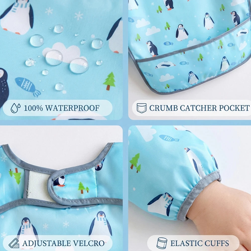 Light blue waterproof long-sleeve baby bibs with crumb catcher pockets and adjustable velcro