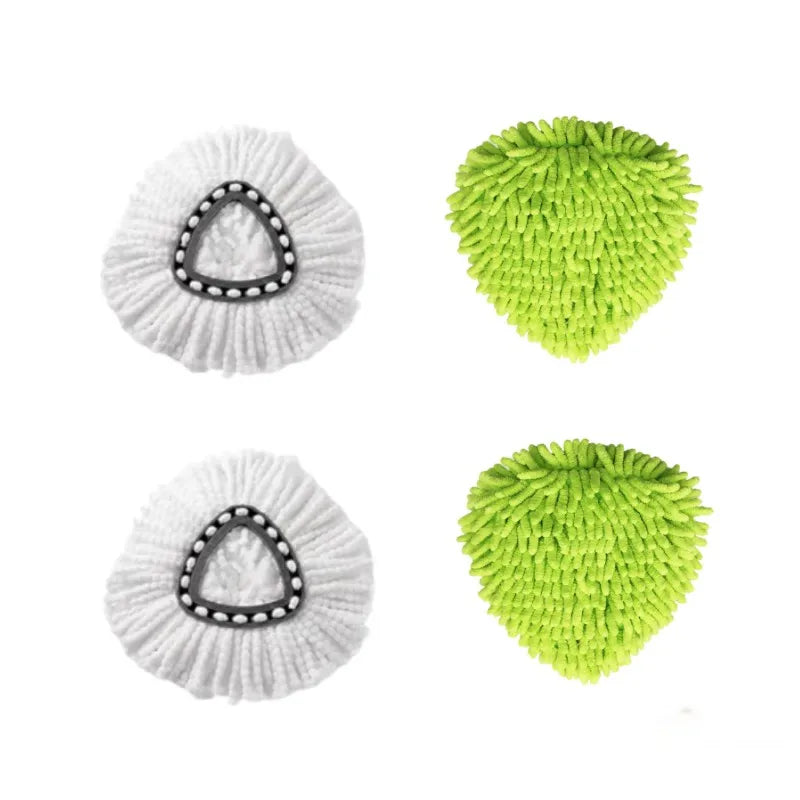 A pair of chenille mop head refills, one gray and one lime green, shown in a close-up view.
