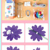 A craft kit showing felt flowers, buttons, and string in a box with a glass bottle.