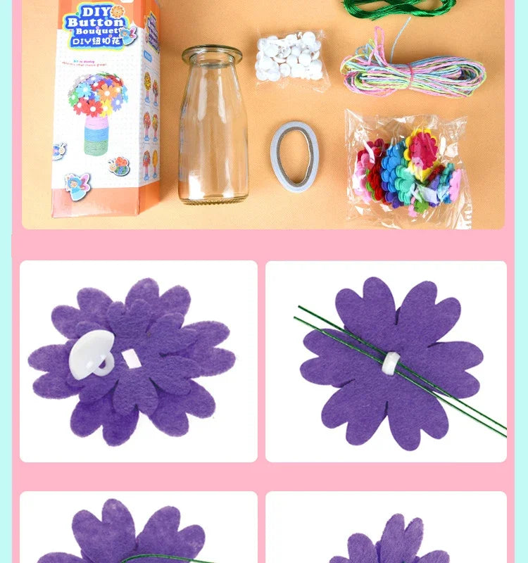 A craft kit showing felt flowers, buttons, and string in a box with a glass bottle.