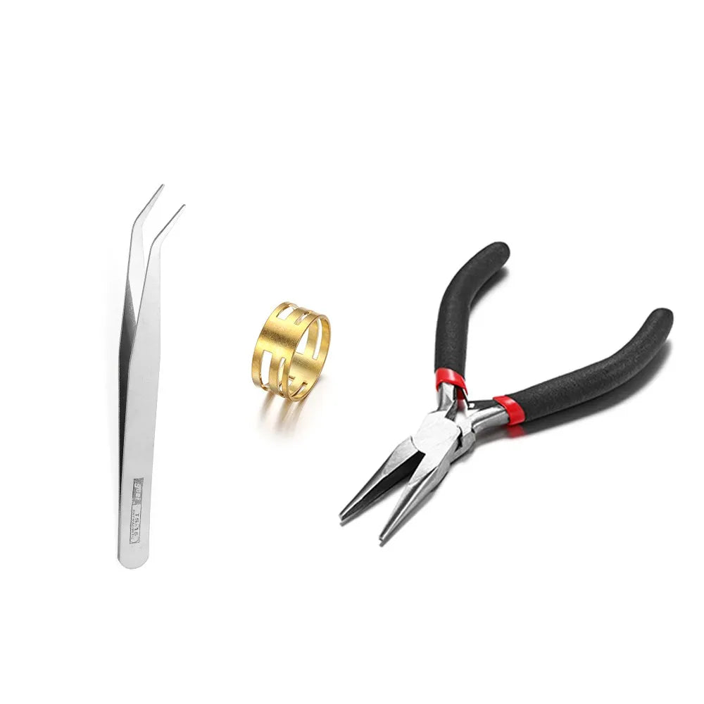 A jewelry making kit showing silver pliers, gold jump rings, and black crimps.