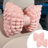 Pink bowknot car neck pillow with lumbar support featuring a textured pink fabric.