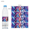 A bottle of water decorated with multiple images of anime-style girls and glowing swords.
