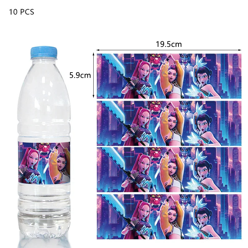 A bottle of water decorated with multiple images of anime-style girls and glowing swords.