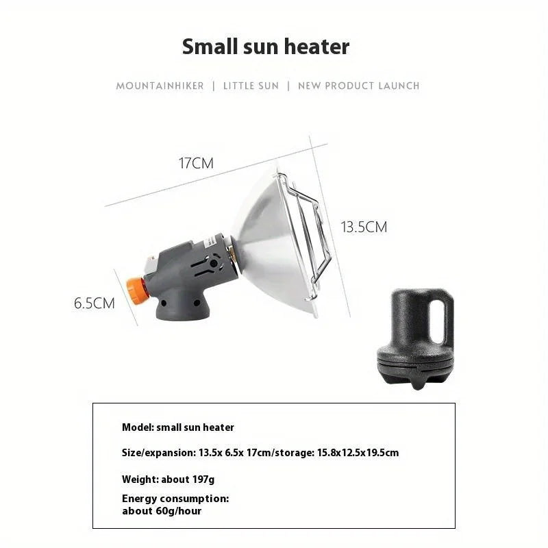 A small sun heater is shown with dimensions of 17cm and 13.5cm, including a black base.