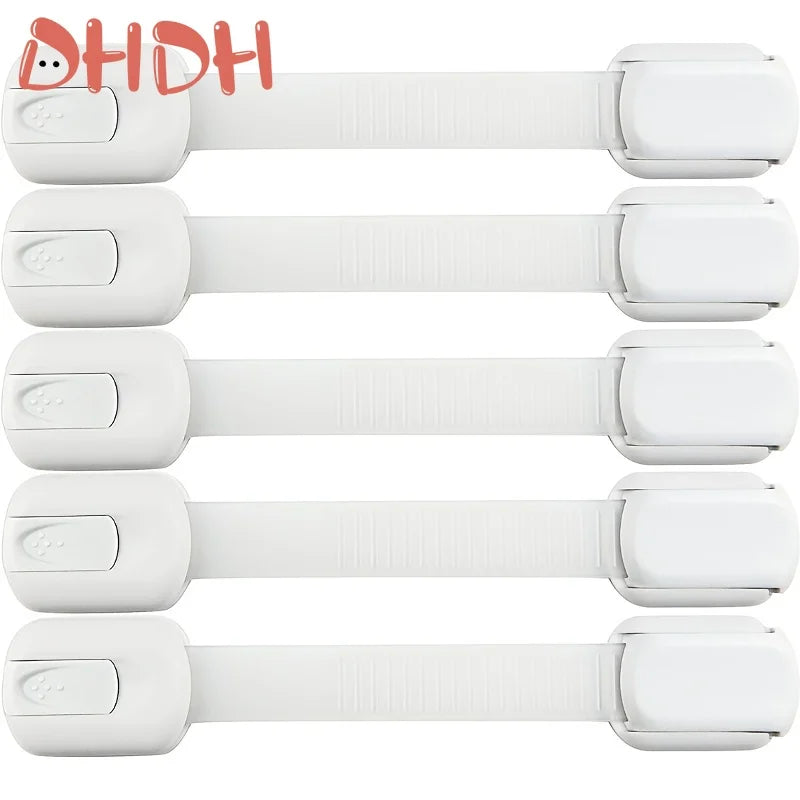 Four white adjustable baby safety locks for cabinets drawers and fridge