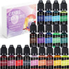 A collection of liquid candle dyes in various colors including burgundy, plum, red, black gray, pink, orange, garnet, and yel
